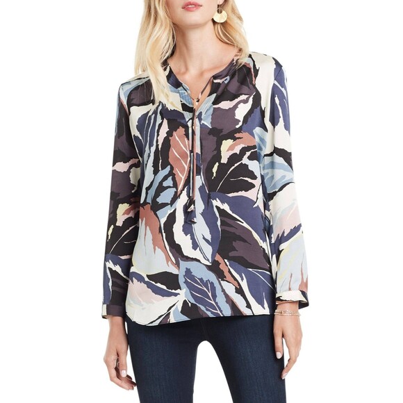 Nic+Zoe Ivy popover leaf print top Size L Blouse long sleeve silky - Picture 1 of 9